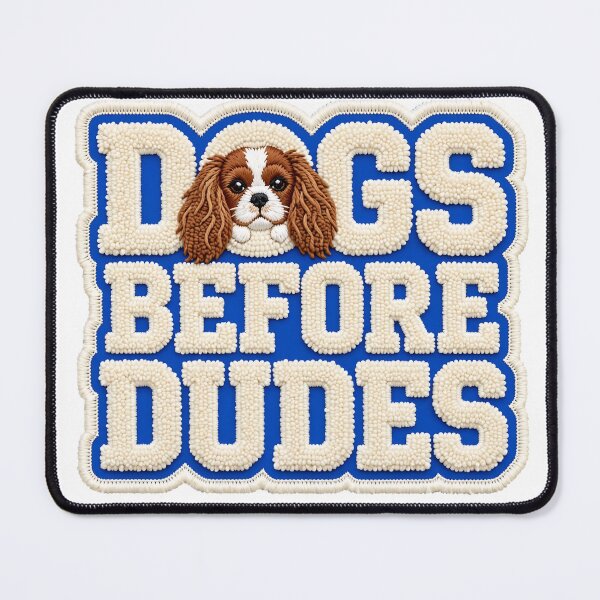 Item preview, Dogs Before Dudes Cavalier King Charles Spaniel Chenille Patch Preppy Design designed and sold by Neurospicy Trolls.