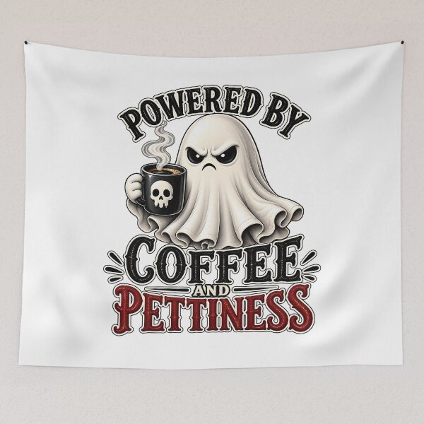 Item preview, Powered by Coffee and Pettiness – Funny Grumpy Ghost with Coffee Mug designed and sold by AbderraimArt.