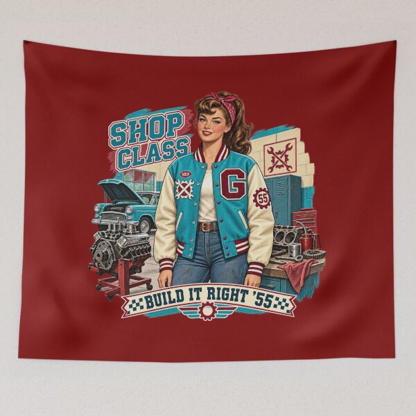 Item preview, Retro 1955 Shop Class Hot Rod Garage designed and sold by Normandy Road Heritage™ - Vintage Garage Art.