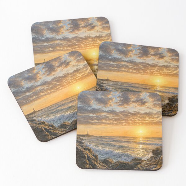 Item preview, Golden Ocean Sunset with Lighthouse – Coastal Illustration designed and sold by wiwiart.