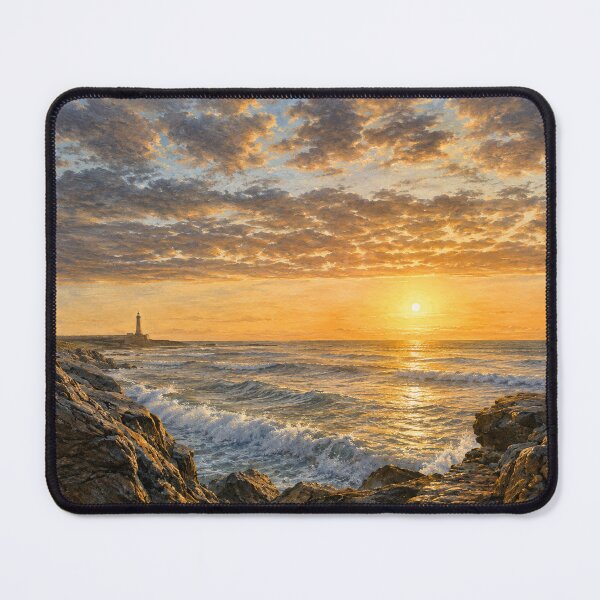 Item preview, Golden Ocean Sunset with Lighthouse – Coastal Illustration designed and sold by wiwiart.
