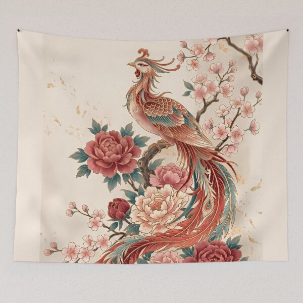 Artikelvorschau, Phoenix and Peony Floral Art – Elegant Asian Phoenix with Cherry Blossoms entworfen und verkauft von ManJiangHong.