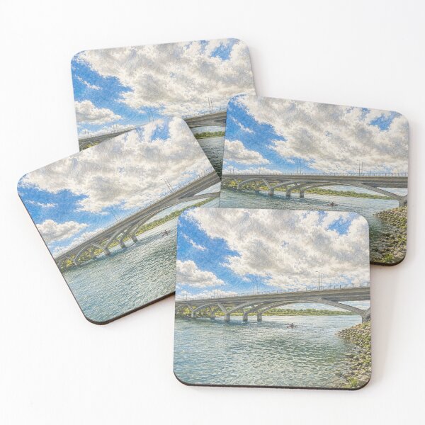 Item preview, Kayaking Beneath the River Bridge – Scenic Illustration designed and sold by wiwiart.