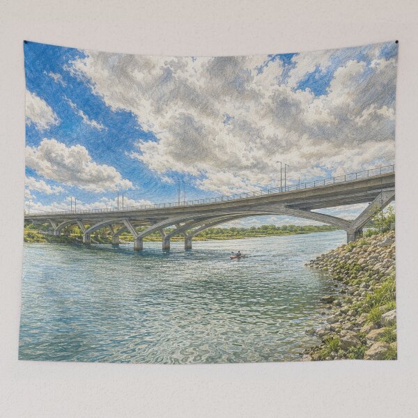 Item preview, Kayaking Beneath the River Bridge – Scenic Illustration designed and sold by wiwiart.