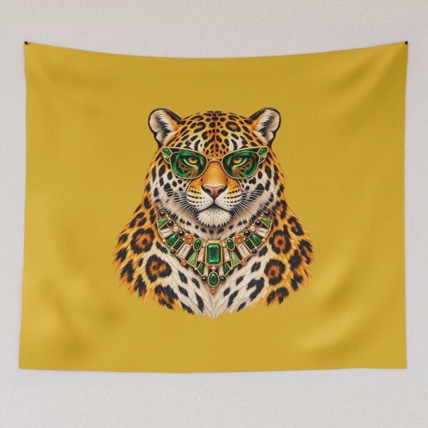 Item preview, Glamorous Leopard with Green Sunglasses and Jeweled Necklace - Big Cat Art designed and sold by sportfantees.