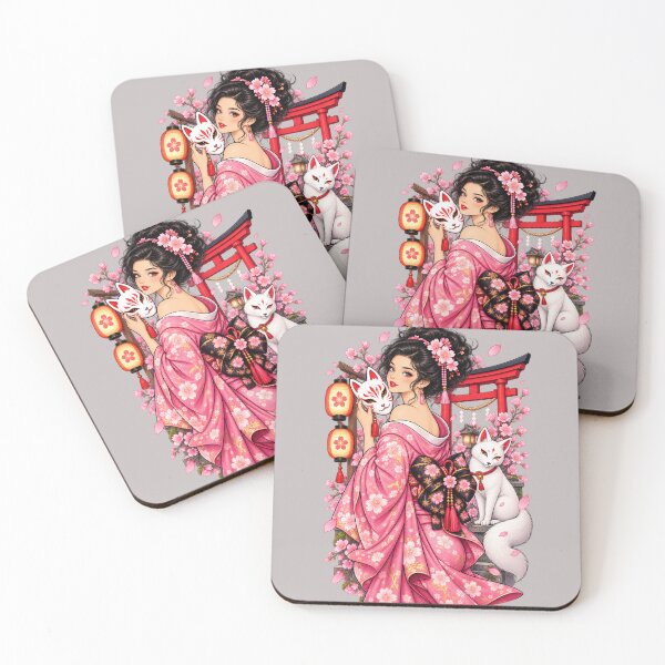 Item preview, Kitsune Sakura Girl – Japanese Fox Mask & Pink Kimono Art designed and sold by Ghostwave Atelier.