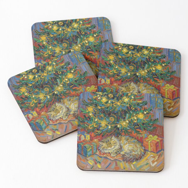 Item preview, Van Gogh Style Sleeping Christmas Cat Under Tree Oil Painting designed and sold by WildArtIT.