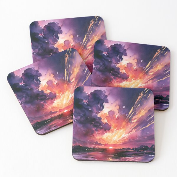 Item preview, Watercolour Sunset Painting Purple Orange Sky Over Water designed and sold by Nine Lives Studio.