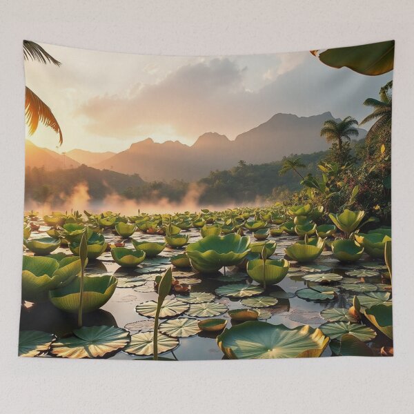 Item preview, Serene Lily Pad Mountain Pond Art designed and sold by IntelliMindDesigns.