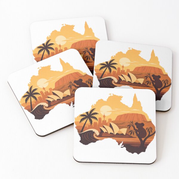 Item preview, Silhouette of Australia with iconic symbols at sunset designed and sold by RiderSpoon.