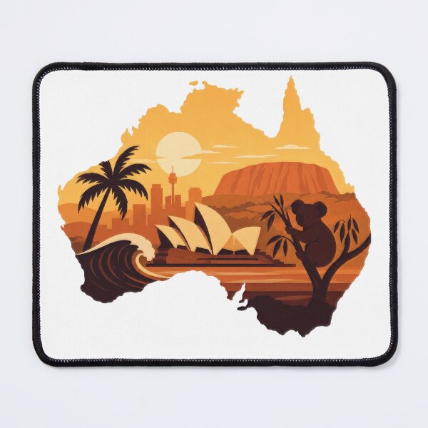 Item preview, Silhouette of Australia with iconic symbols at sunset designed and sold by RiderSpoon.
