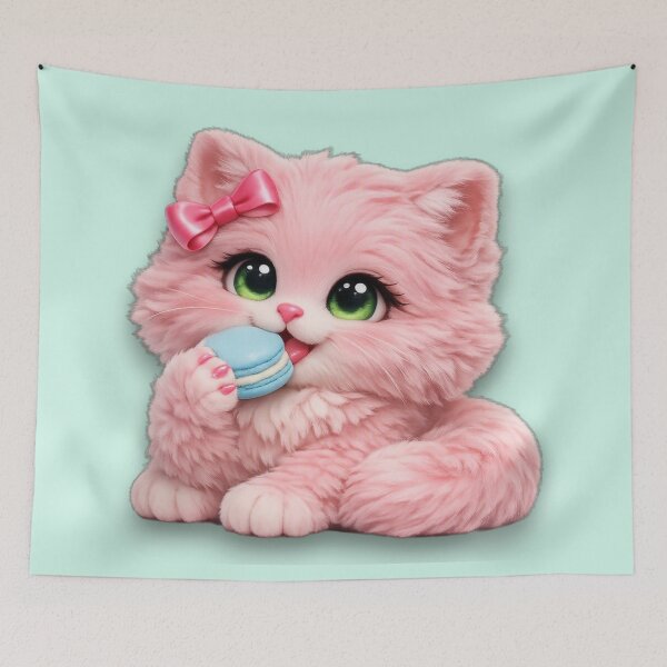 Item preview, Mimi Mew Eating a Delicious Macaron – Cute Kawaii Pink Cat Sweet Treat designed and sold by Lalala cute.