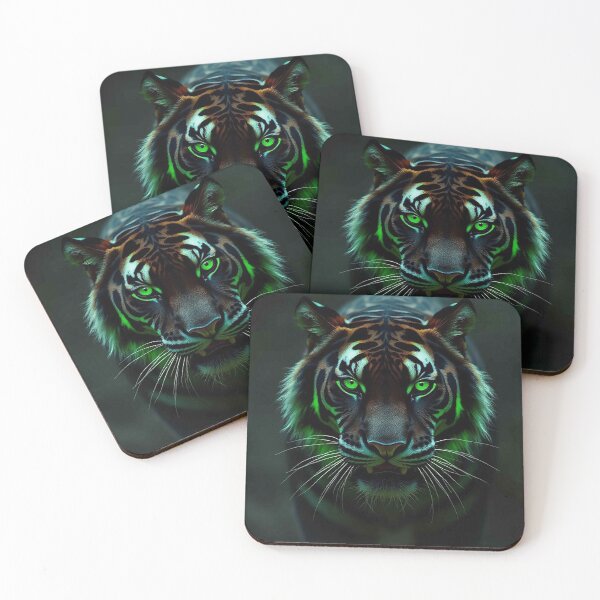 Item preview, Black Tiger with Neon Green Eyes and Glowing Stripes – Mystical Dark Predator designed and sold by MFMart.