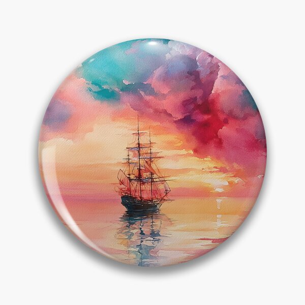 Item preview, Tall Ship at Sunset Watercolour Sailing Boat on Calm Sea designed and sold by Nine Lives Studio.