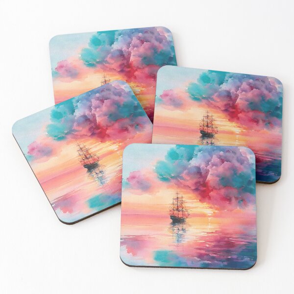 Item preview, Tall Ship at Sunset Watercolour Sailing Boat on Calm Sea designed and sold by Nine Lives Studio.