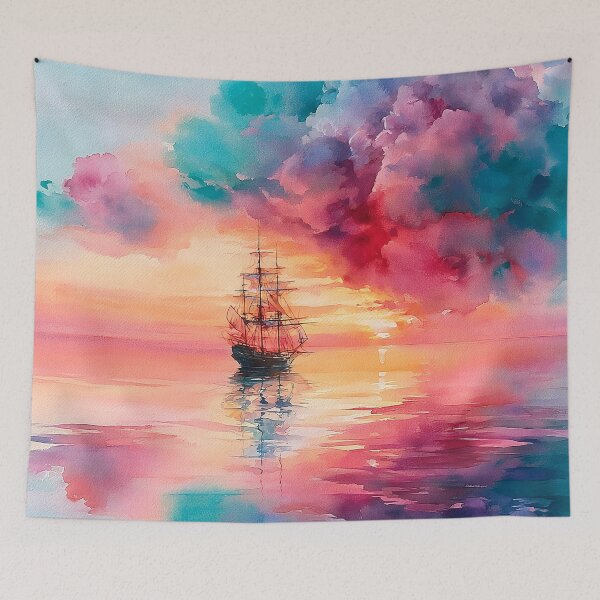 Item preview, Tall Ship at Sunset Watercolour Sailing Boat on Calm Sea designed and sold by Nine Lives Studio.