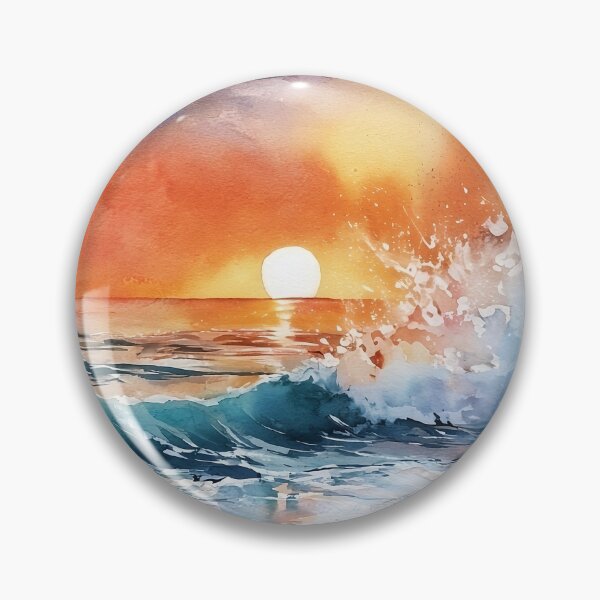 Item preview, Orange Sunset Over Rocky Coast Watercolour Crashing Wave Painting designed and sold by Nine Lives Studio.