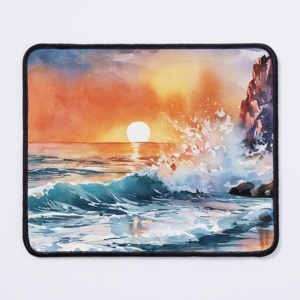 Item preview, Orange Sunset Over Rocky Coast Watercolour Crashing Wave Painting designed and sold by Nine Lives Studio.