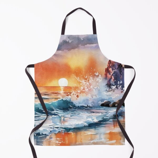 Item preview, Orange Sunset Over Rocky Coast Watercolour Crashing Wave Painting designed and sold by Nine Lives Studio.