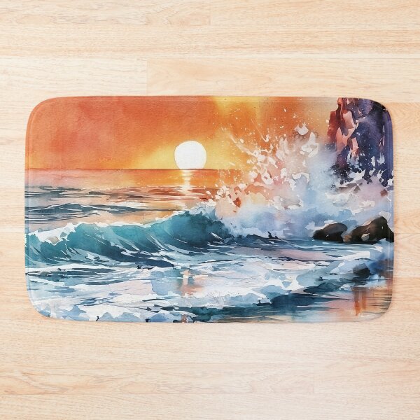Item preview, Orange Sunset Over Rocky Coast Watercolour Crashing Wave Painting designed and sold by Nine Lives Studio.