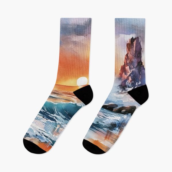 Item preview, Orange Sunset Over Rocky Coast Watercolour Crashing Wave Painting designed and sold by Nine Lives Studio.