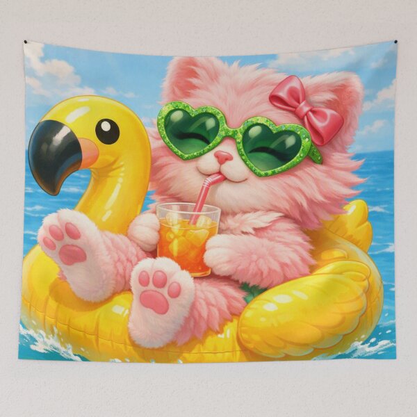 Item preview, Mimi Mew Relaxing on a Flamingo Float – Cute Kawaii Pink Cat Summer designed and sold by Lalala cute.