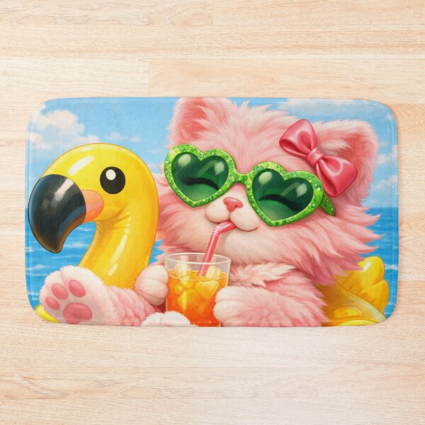 Item preview, Mimi Mew Relaxing on a Flamingo Float – Cute Kawaii Pink Cat Summer designed and sold by Lalala cute.