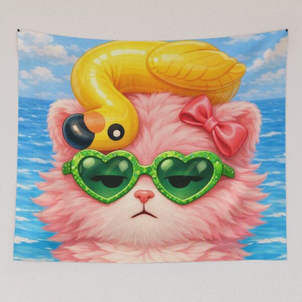 Item preview, Mimi Mew – Pink Cat with Flamingo Float Poker Face Art designed and sold by Lalala cute.