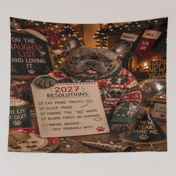 Item preview, Funny 2027 New Year French Bulldog - Cheers to More Chaos designed and sold by FrenchiesMoneyEaters.