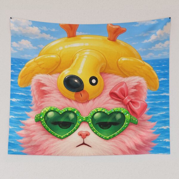 Item preview, Mimi Mew – Pink Cat with Flamingo Float Poker Face Art 2 designed and sold by Lalala cute.