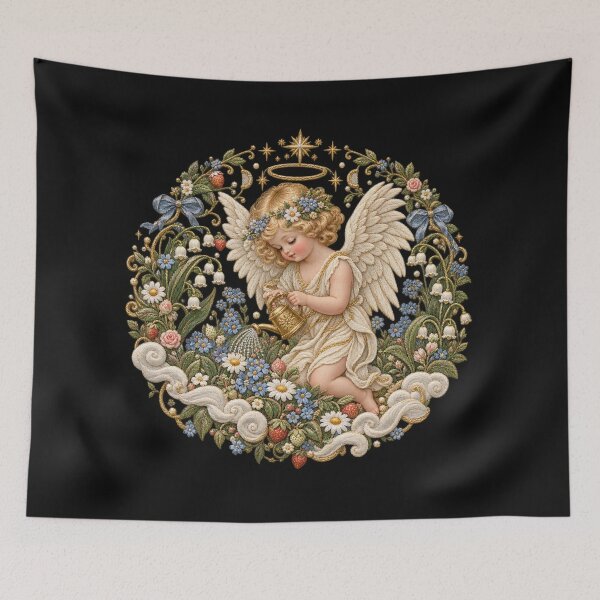 Item preview, Cherub Garden Embroidery – Heavenly Cottagecore Floral Angel designed and sold by Emoji Emblems.