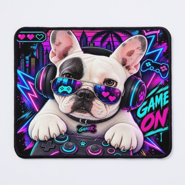 Item preview, Funny Gamer French Bulldog - Game On Neon Synthwave designed and sold by FrenchiesMoneyEaters.