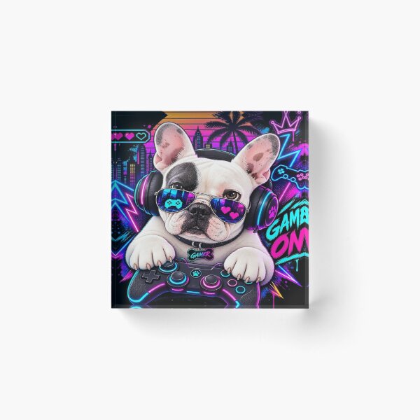 Item preview, Funny Gamer French Bulldog - Game On Neon Synthwave designed and sold by FrenchiesMoneyEaters.