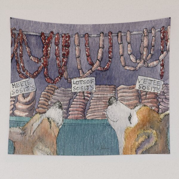 Item preview, Corgi dogs shopping for sausages designed and sold by SusanAlisonArt.