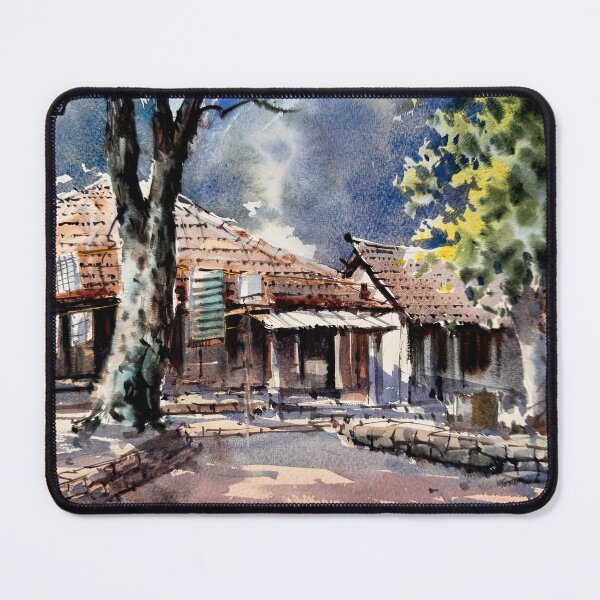 Item preview, Sunlit Village Lane with Thatched Roofs and an Old Tree designed and sold by sujitS99.
