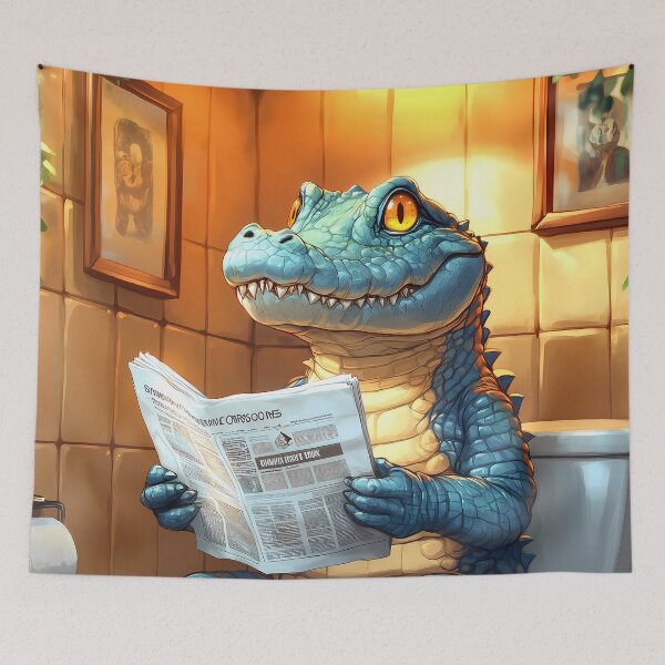 Item preview, Crocodile Newspaper Reader Bathroom Kawaii Reptile Humor Scene designed and sold by mildaclairmo.