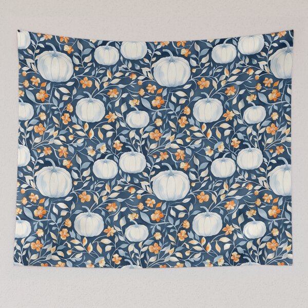 Item preview, Grandmillennial Blue and Orange Autumn With Pumpkins & Wildflowers designed and sold by Whimsical Wayfarer.