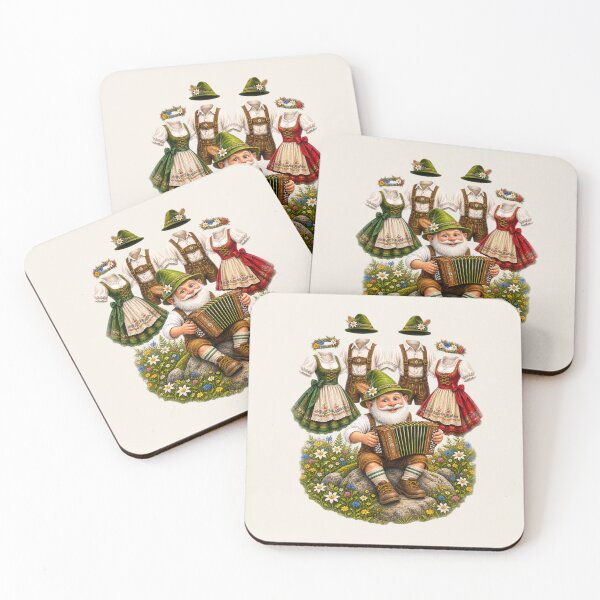 Item preview, Happy Bavarian Gnome Playing Accordion While Dancing Folk Costumes Celebrate in an Alpine Meadow designed and sold by Alpine-Ink.