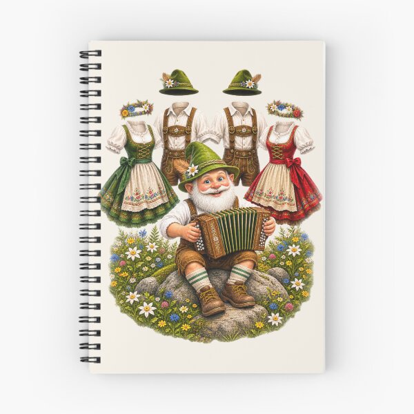 Item preview, Happy Bavarian Gnome Playing Accordion While Dancing Folk Costumes Celebrate in an Alpine Meadow designed and sold by Alpine-Ink.