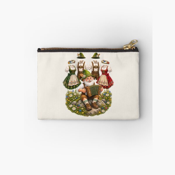 Item preview, Happy Bavarian Gnome Playing Accordion While Dancing Folk Costumes Celebrate in an Alpine Meadow designed and sold by Alpine-Ink.