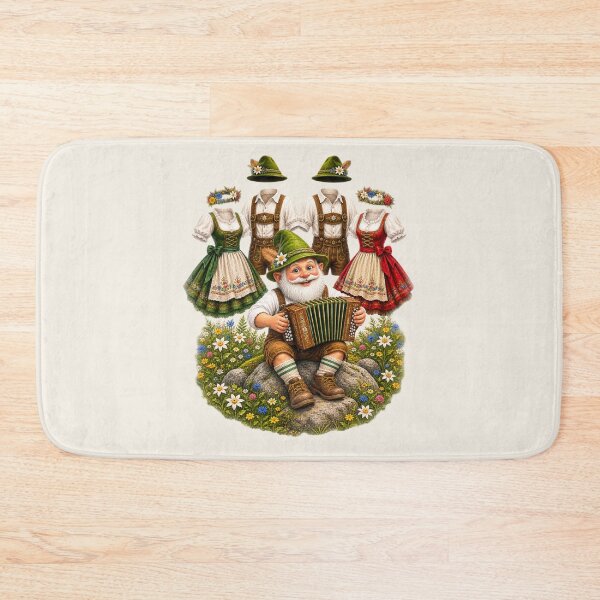 Item preview, Happy Bavarian Gnome Playing Accordion While Dancing Folk Costumes Celebrate in an Alpine Meadow designed and sold by Alpine-Ink.