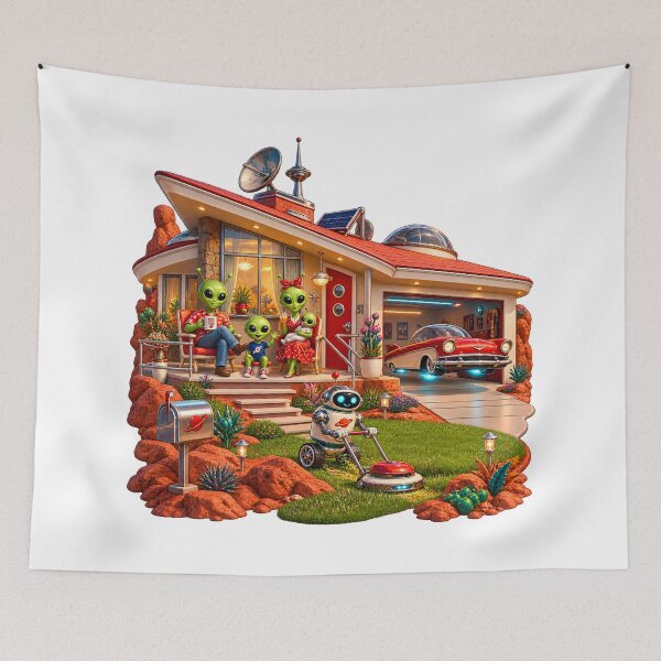 Item preview, Retro Alien Family Home on Mars – Vintage Sci-Fi Suburban Life designed and sold by builtforyou.