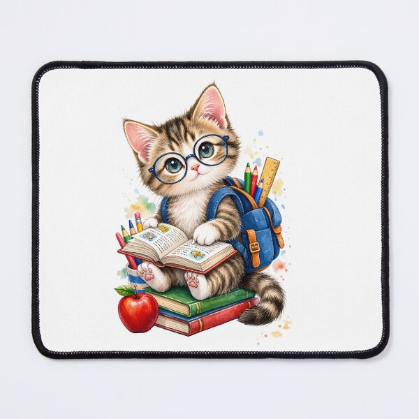 Item preview, Kitten Studying with Glasses and Books – School Watercolor designed and sold by SuperMama1973.