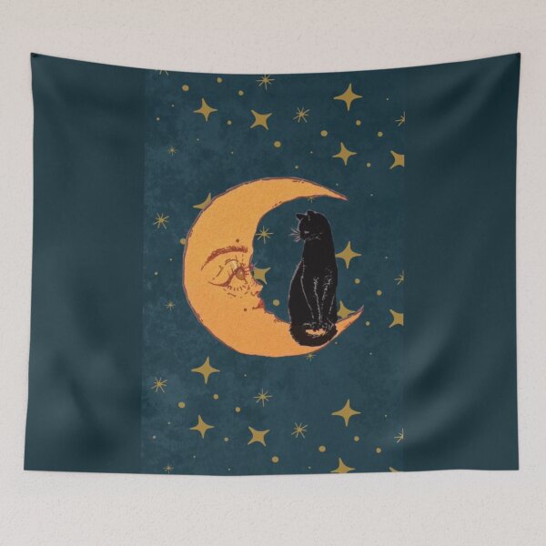 Item preview, Vintage Celestial Black Cat Crescent Moon - Whimsigoth Alt Aesthetic Print designed and sold by BrontesWhimsyStore.