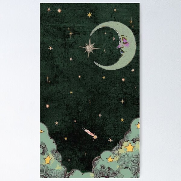 Item preview, Vintage Crescent Moon & Shooting Star - Green Whimsigoth Print designed and sold by BrontesWhimsyStore.
