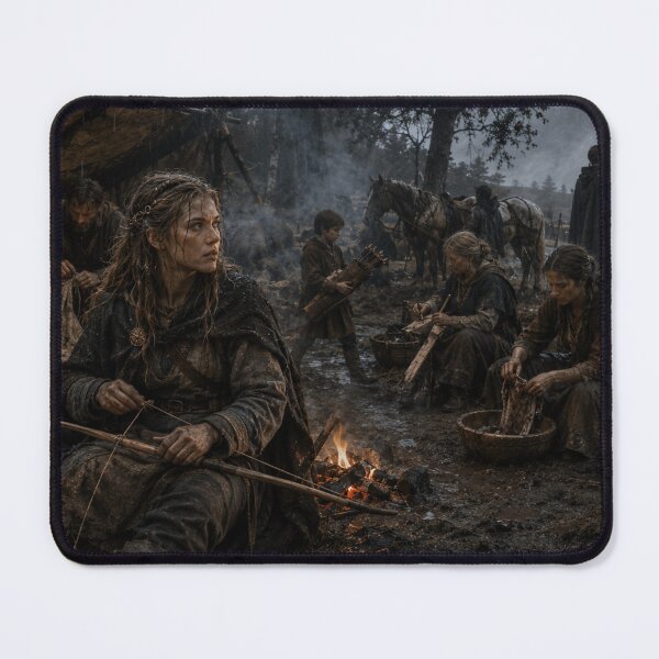 Item preview, Viking Age Woman Repairing a Bow | Norse Camp Life Historical Art | Dark Early Medieval Britain Print designed and sold by Element Horizon Studio.