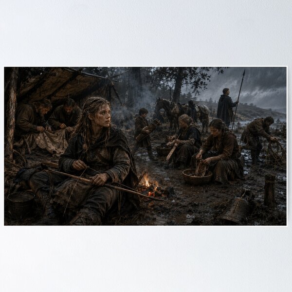 Item preview, Viking Age Woman Repairing a Bow | Norse Camp Life Historical Art | Dark Early Medieval Britain Print designed and sold by Element Horizon Studio.