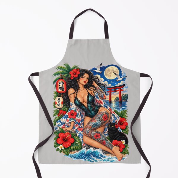Item preview, Okinawa Tattoo Pin-Up Girl – Tropical Japan Black Cat Art designed and sold by Ghostwave Atelier.