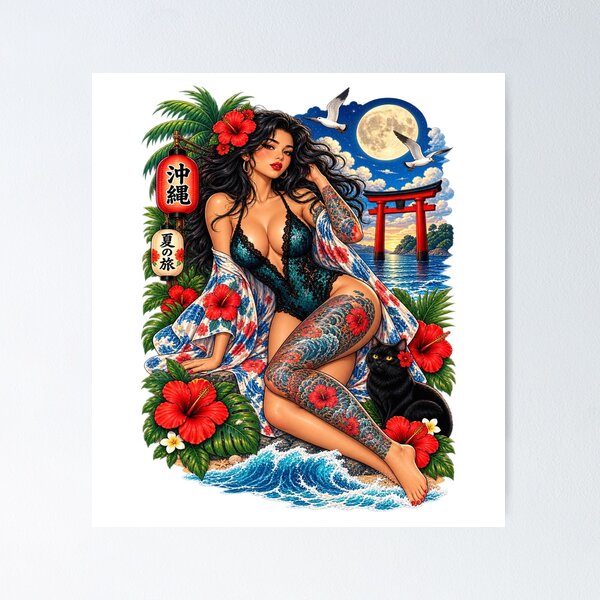 Item preview, Okinawa Tattoo Pin-Up Girl – Tropical Japan Black Cat Art designed and sold by Ghostwave Atelier.