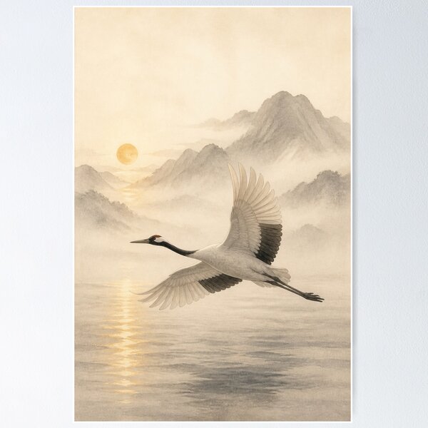Item preview, Japanese Crane Wall Art Poster | Crane in Silent Flight, Minimal Zen Landscape Print designed and sold by LuminaKage.